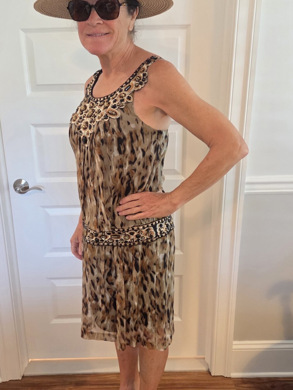 Sue Wong Black, Tan Animal Print Evening Dress with Beading